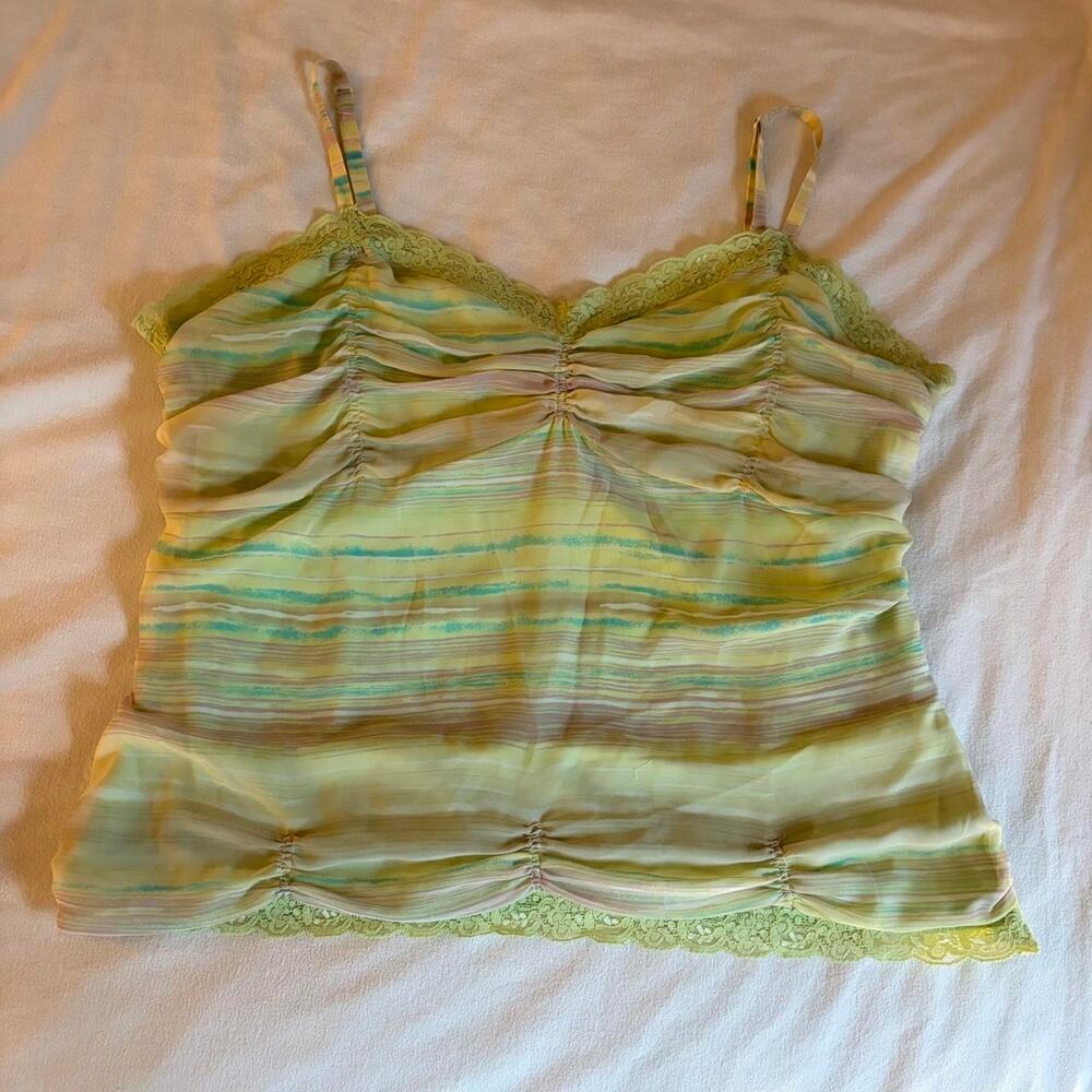 Vintage Y2K Stripe Lime Green Ruched Cami Top L Sheer Lace Fairy Grunge Coquette